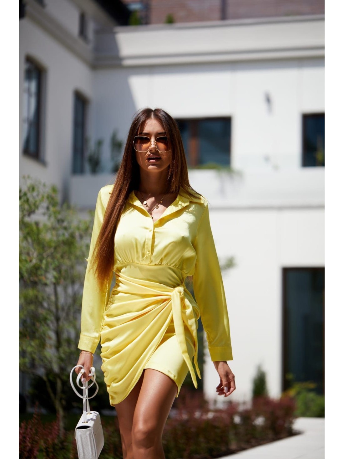 Shirt dress with a tied front, yellow FG642 - Online store - Boutique